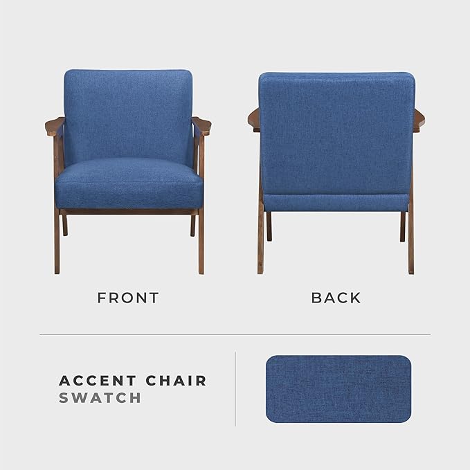 Lexicon Mid Century Modern Accent Chair, Upholstered Lounge Armchair, Single Sofa Seat, Brown Finish Solid Wood Framed Comfy Side Chairs for Living Room/Bedroom/Office/Waiting Area, Blue
