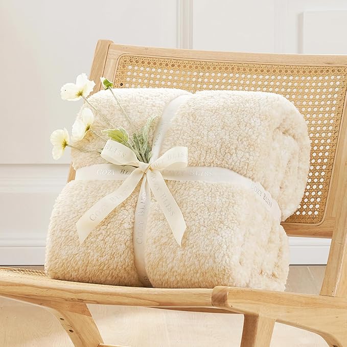 Cozy Bliss Sherpa Throw Blanket for Couch, Cozy Fleece Thick Warm Blanket for Winter, Reversible Soft Fuzzy Plush Throw Gifts for Women and Men, Room Decor (Mottled Beige, 50" x 60")
