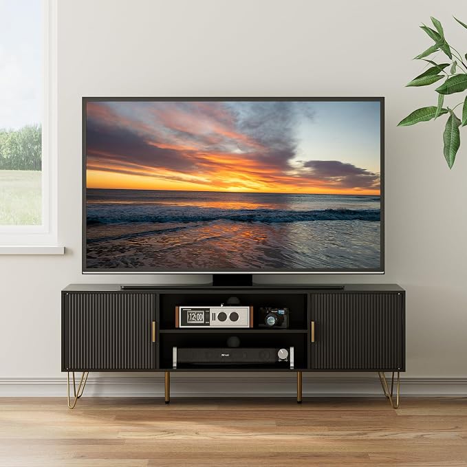 TV Stand for 55-65 inch TV, Entertainment Center with Soft Hinge Door,TV Console Table with 2 Cabinets with Gold Handle and Feet,for Living Room, Bedroom, Black - Image 5