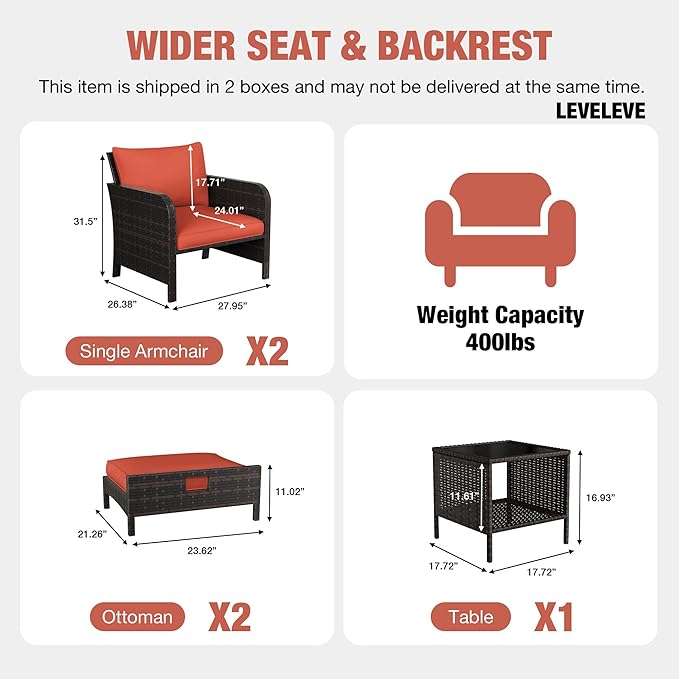 LEVELEVE Patio Conversation Set 5 Piece, Balcony Furniture Outdoor PE Rattan Wicker Lounge Chairs with Soft Cushions, 2 Ottomans & Glass Table for Porch Lawn, Brown (Orange Red Cushions