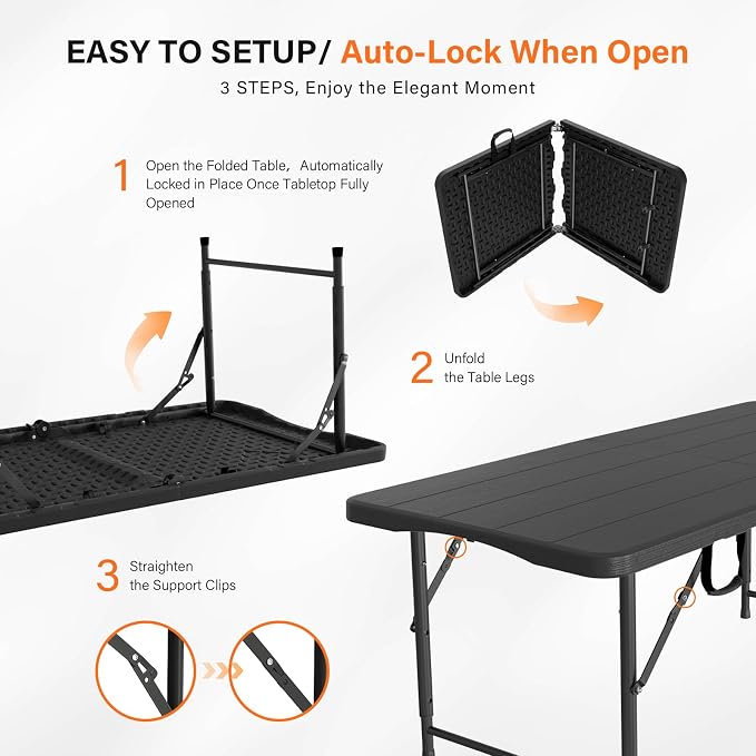 VINGLI 4 FT Plastic Folding Camping Table,3-Level Adjustable Height, Portable in/Outdoor Party Picnic Dining Desk,Off-White Garden Soccer Multipurpose Entertaining Activities, Black - Image 8