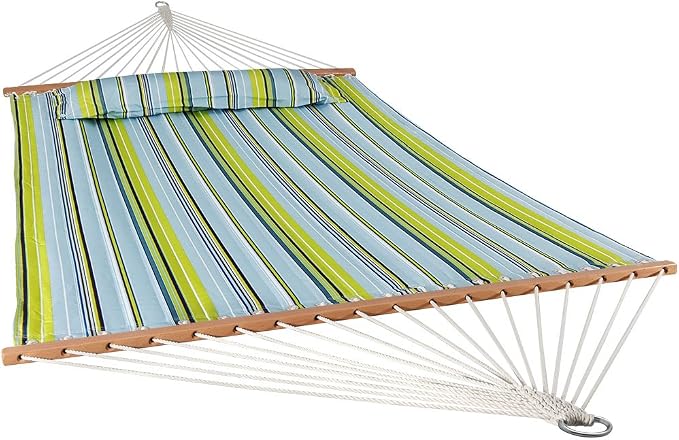 Sunnydaze Quilted Double Hammock for Outside with Spreader Bars and Pillow - 450 lb Capacity, 74x55 Inch Bed, UV Resistant, Quick Dry - Chains Included, Stand Sold Separately - Blue & Green - Image 10