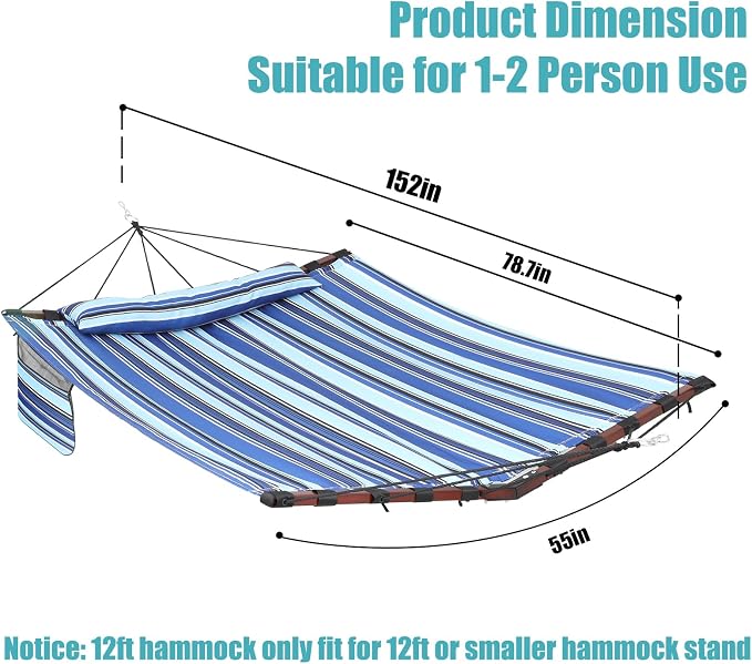 TegerDeger 12FT 2 Person Hammock Large Hammock 450LB Capacity with V Shaped Hardwood Spreader Bar & Nylon Rope for Outside, Patio, Garden, Backyard, Beach, Poolside - Blue Stripes - Image 6