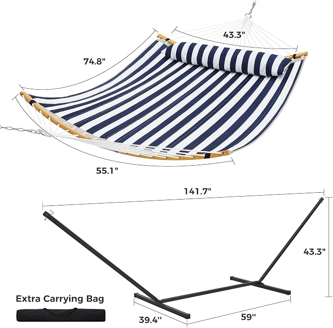SUPERJARE Curved-Bar Hammock with Stand, 2 Person Heavy Duty Hammock Frame, Detachable Pillow & Portable Carrying Bag, Perfect for Outdoor & Indoor, Denim Blue with White Stripes - Image 8