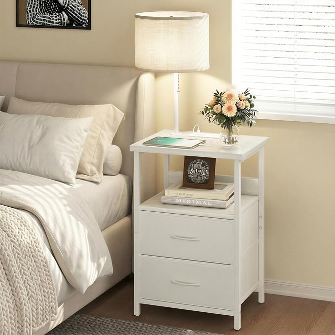 Fixwal Night Stand with 3 Color Temperature Bulb Attached, Nightstand with Light & Charging Station End Table with Fabric Drawer for Bedroom, Dorm, White - Image 7