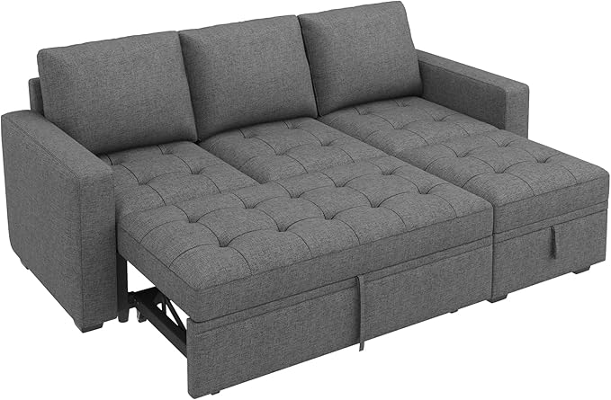 HONBAY Modular Sectional Sleeper Sofa with Pull Out Bed, L Shaped Couch with Storage Seat Sectional Couches for Living Room,Mid Grey