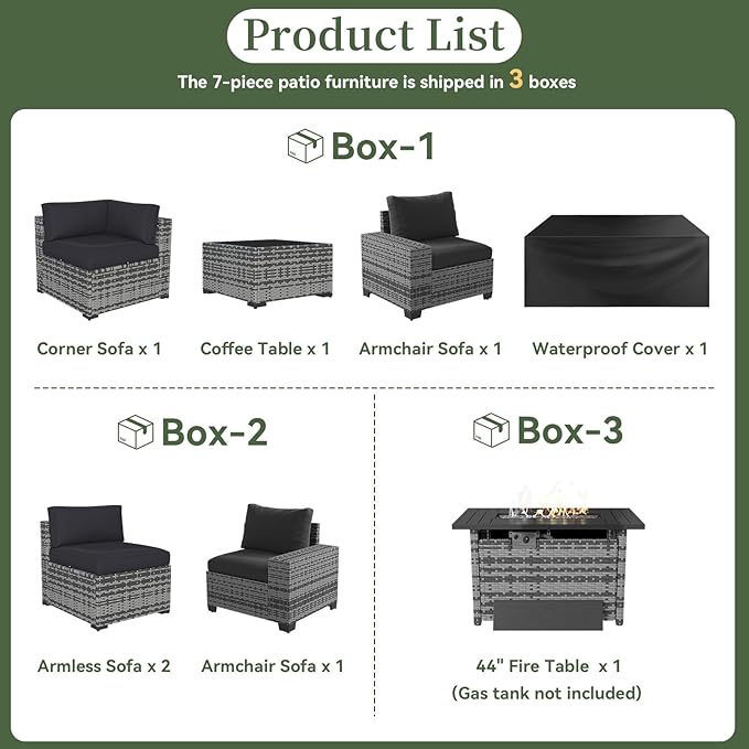 Aoxun 7 Piece Patio Furniture Set with Wide Armrests & 44” Fire Pit Table Wicker Rattan Outdoor Sectional Sofa Set with Coffee Table and Thickened Cushions, Gray/Blck(Waterproof Cover Included)
