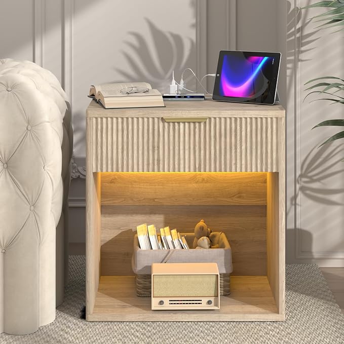 EROMMY Fluted Nightstand with Charging Station, 23” Wide Modern Bedside Table with Drawer, Mid Century Nightstand End Table for Bedroom, Natural Oak - Image 2