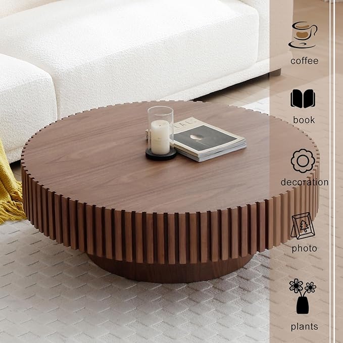 39" Round Drum Coffee Table with Sturdy Pedestal, Mid Century Modern Fluted Coffee Table, Circle Center Table Accent Tea Table for Living Room Apartment Walnut