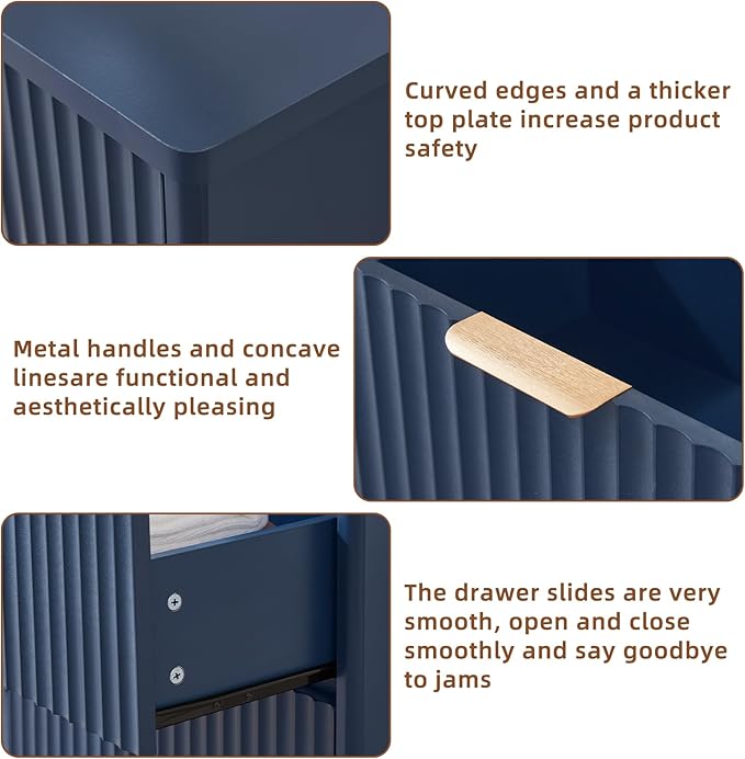 LEYAOYAO Fluted Dressers & Nightstand Set of 3, Wood 48" Wide Dresser & 42" Tall Chest of Drawers,Modern Bedroom Furniture Sets, Navy Blue Wooden Nightstand with 2 Drawers & Charging Station