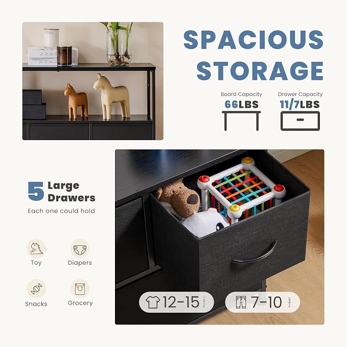 DUMOS TV Stand, Dresser with 5 Fabric Storage Drawers, Media Console Featuring Open Shelf for TV, Compact Entertainment Unit for Bedroom, Living Space, or Dorm Organization, Black - Image 4