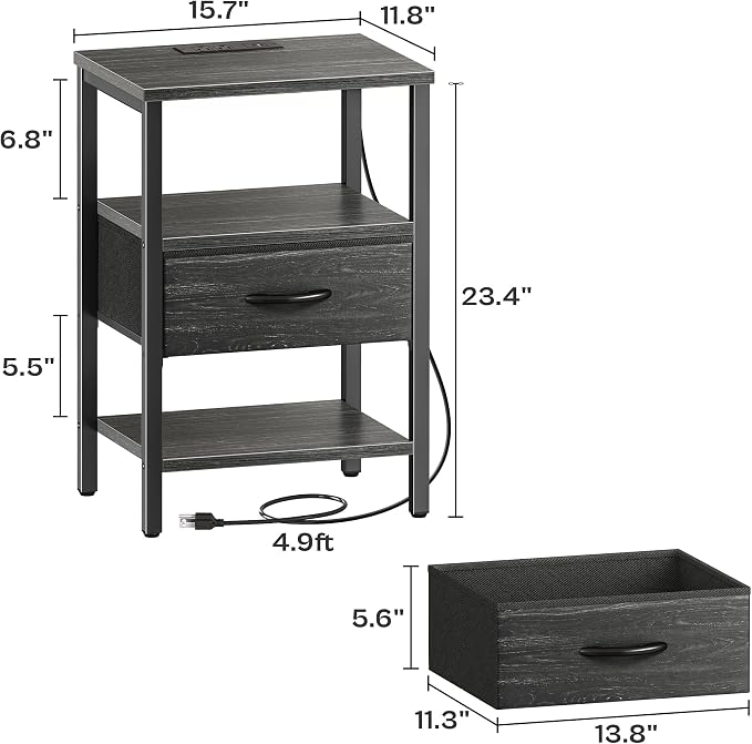 SUPERJARE Nightstand with Charging Station, Bed Side Table with Adjustable Fabric Drawer, Night Stand for Bedroom, 3-Tier Storage End Table, for Living Room, Charcoal Black Wood Grain Print - Image 3