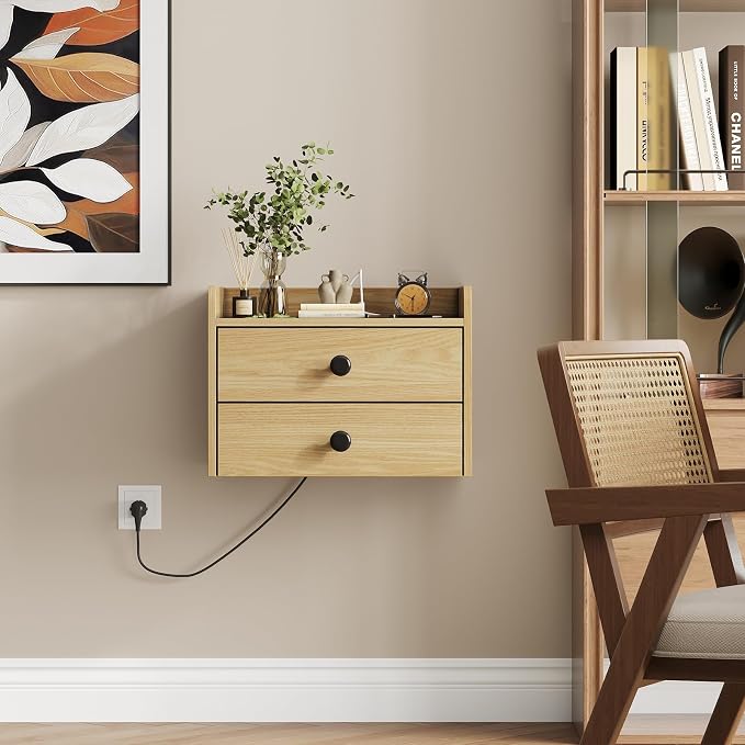 Floating Nightstand Set of 2 with 2 Storage Drawers and Charging Station Wood Wall Mounted Bedside End Table Modern Night Stands Set 2 for Bedroom,Small Space,Natural - Image 6