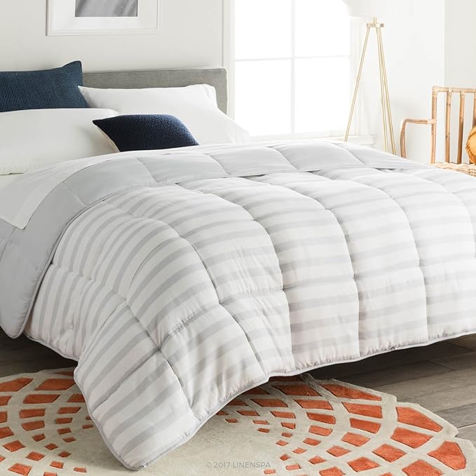 Linenspa Reversible Down Alternative Comforter and Duvet Insert, Oversized Queen – All-Season Comforter with Box Stitch and 8 Duvet Loops – Bedding for Kids, Teens, and Adults – Grey / White Stripe