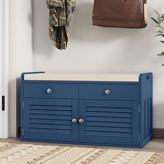 WARMHONIU Shoe Storage Bench with 2 Drawers, Entryway Bench with Cushion, Adjustable Shelves, Shoe Rack Bench with Louvered Doors for Entryway, Bedroom, Hallway, Blue by WARMHONIU-WarmYourHome