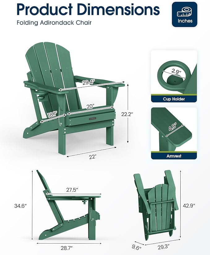 MUCHENGHY Folding Adirondack Chairs, Patio Chairs, Lawn Chairs, Outdoor Chairs, Adirondack Chair Plastic, Fire Pit Chairs, Weather Resistant with Cup Holder for Deck, Backyard, Garden(Green) - Image 3
