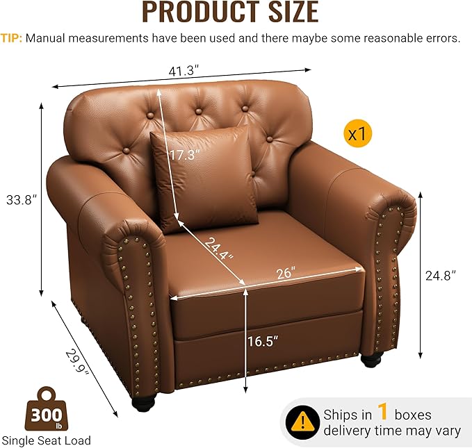 KEIKI 41" Faux Leather Chesterfield Sofa with Rolled Arms & Nailhead Trim, Modern Style 1-Seater Button Tufted Couch with High Resilience Cushion & 1 Pillow, Easy Assembly, for Living Room, Brown