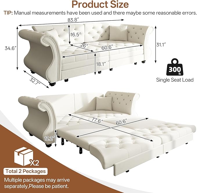 Eafurn Oversized 3-Seater Chesterfield Loveseat Convertible Queen Size Sleeper Couch Bed,Classic Tufted Velvet Pull Out Loveseat Sofa Bed with Roll Armrest and Solid Wood Legs