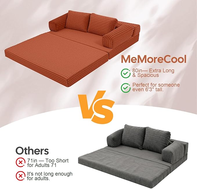 MeMoreCool Convertible Sofa Bed, Folding Floor Couch Bed Queen, Pull Out Sleeper Couch with Pillows, Fold Out Futon Sofa for Bedroom Living Room Small Space, Corduroy Orange