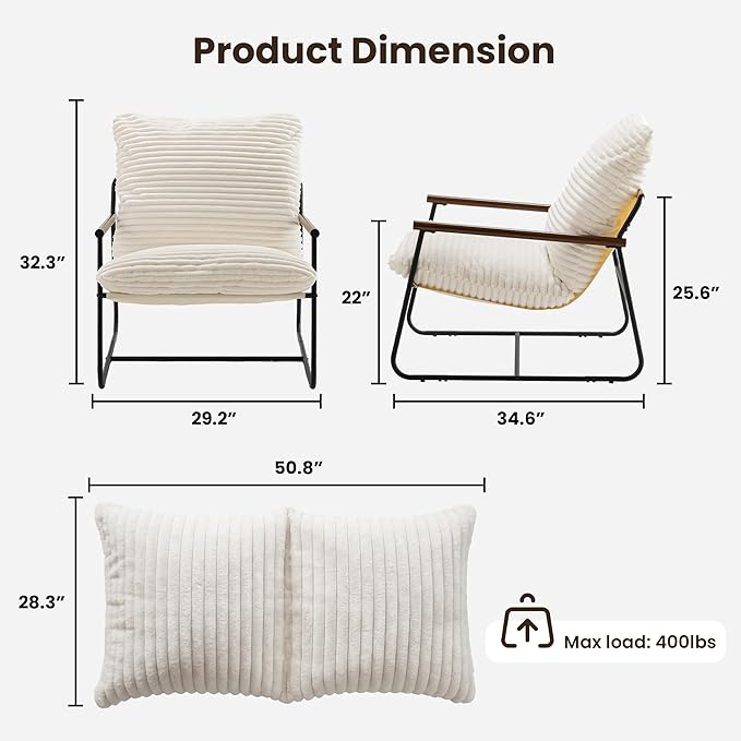 COSIEST Accent Chair for Living Room, Modern Ribbed Upholstered Armchair with Wood Arms, Comfy Lounge Chair with Black Metal Frame, Large Reading Chair for Bedroom, Office, Small Space, White