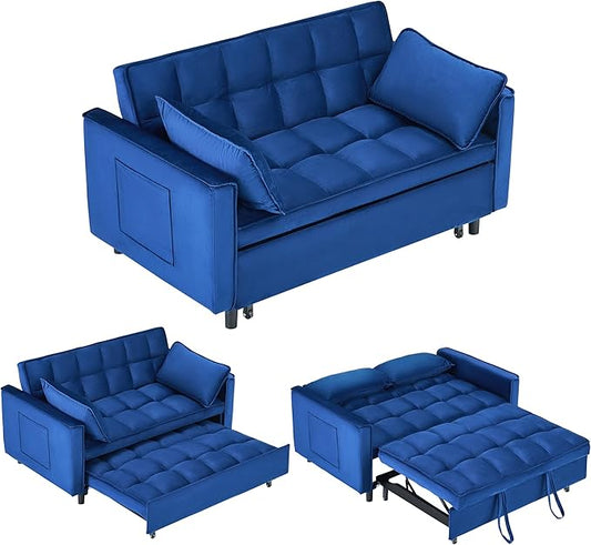 55" Modern Velvet Loveseat Sleeper Sofa, 3-in-1 Convertible Pull-Out Bed with Adjustable Backrest, 2 Pillows & Side Pockets, Small Pull Out Couch for Living Room, Apartment(Blue)