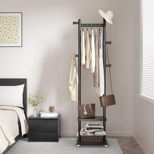 Solid Wood Coat Rack Freestanding Clothing Rack with Wheels & 2 Shelves Storage & 5 Hooks Heavy Duty Clothes Rack Wood Coat Tree Stand Hat Hanger Rack for Corner Bedroom Entryway Living Room Hotel by Taitiy