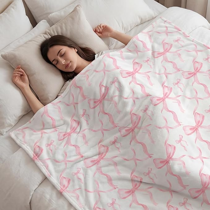 Buryeah Pink Bow Throw Blanket 60"x80" Ultra Soft Flannel Coquette Aesthetic Blanket for Girls Women Preppy Room Decor for Bed Sofa Spring Wedding Mother's Day Graduation Back to School Gift