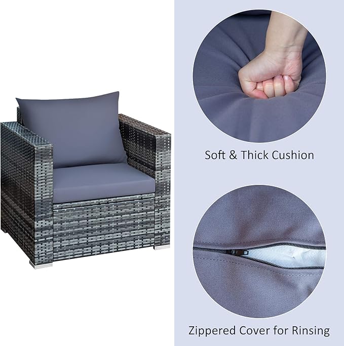 Tangkula 3 Pieces Patio Furniture Set, PE Rattan Wicker Sofa Set w/Washable Cushion and Tempered Glass Tabletop, Outdoor Conversation Furniture for Garden Poolside Balcony