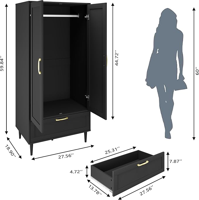 Gyger Wardrobe Closet with Drawer, Armoires and Wardrobes with Shelves and Hanging Rail,Freestanding Wooden Wardrobe Cabinet for Bedroom,Black