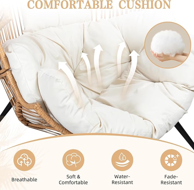 Vongrasig Outdoor Wicker Egg Chair PE Rattan Chair with Cushion, Oversized Patio Lounge Chair for Outdoor, Indoor, Balcony, Backyard, Garden, Beige - Image 3