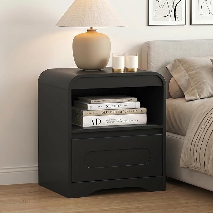 Black Nightstand Set of 2, Modern Night Stand with Drawers, Wood Nightstand, 22" Bedside Side Table with Open Storage, Curved Corners, Hidden Handle, Night Stands End Table for Bedroom Sofa Couch - Image 3