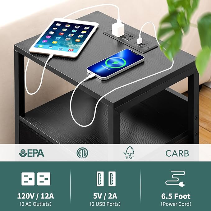 Yoobure Nightstand with Charging Station, LED Night Stand with Fabric Drawers and Storage Shelf for Bedroom, Nightstands Bedside Tables with USB Ports & Outlets, Small Night Stands, Bed Side Table - Image 7