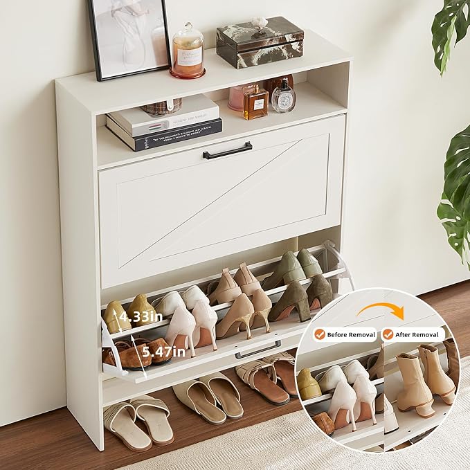 RWYHG Shoe Cabinet Storage for Entryway with 2 Flip Drawers Open Storage Layer Rack Narrow Organizer Slim Hidden Wood Shoe Cabinet Furniture White - Image 3