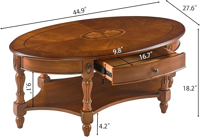 Solid Wood Coffee Table with Drawer and Storage Shelf, Oval Living Room Cocktail Tea Table, Traditional Center Table with Carvings Side Elegant Vintage 45”L x 27.6”Wx18.2”H Caramel Brown KFZ-1533-MG