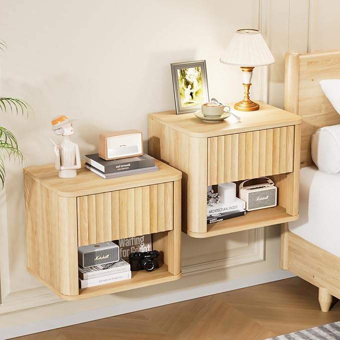 VINGLI Floating Nightstand Set of 2, Fluted Nightstands Rounded Edge, Oak Nightstand with 1 Drawer and 1 Shelf, Wall Mounted Night Stand for Bedroom, Wood Bed Side Table Fluted Side Table/End Table by VINGLI