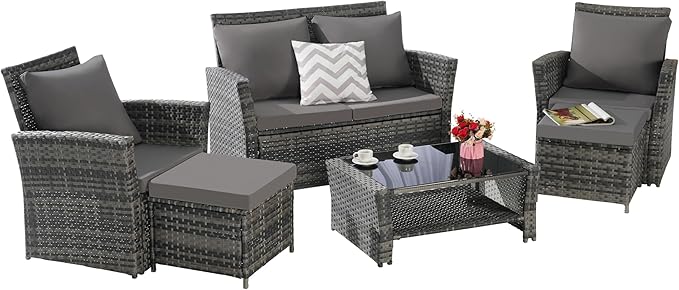 KEIKI 6-Piece Outdoor Patio Furniture Set, Rattan Patio Conversation Set with 2-Seater Sofa, 2 Single Sofa, 2 Ottomans, Coffee Table, PE Wicker Sofa Set, for Garden, Backyard, Lawn, Deck, Dark Gray