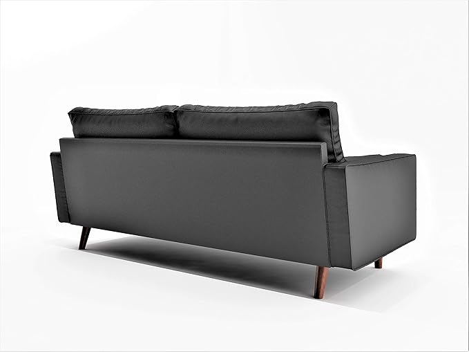 Womble Mid Century Modern Couch with Bolster Pillows, PU Leather Upholstered Tufted Seat, Versatile Retro Design for Comfortable Living Spaces, Sofa, Midnight