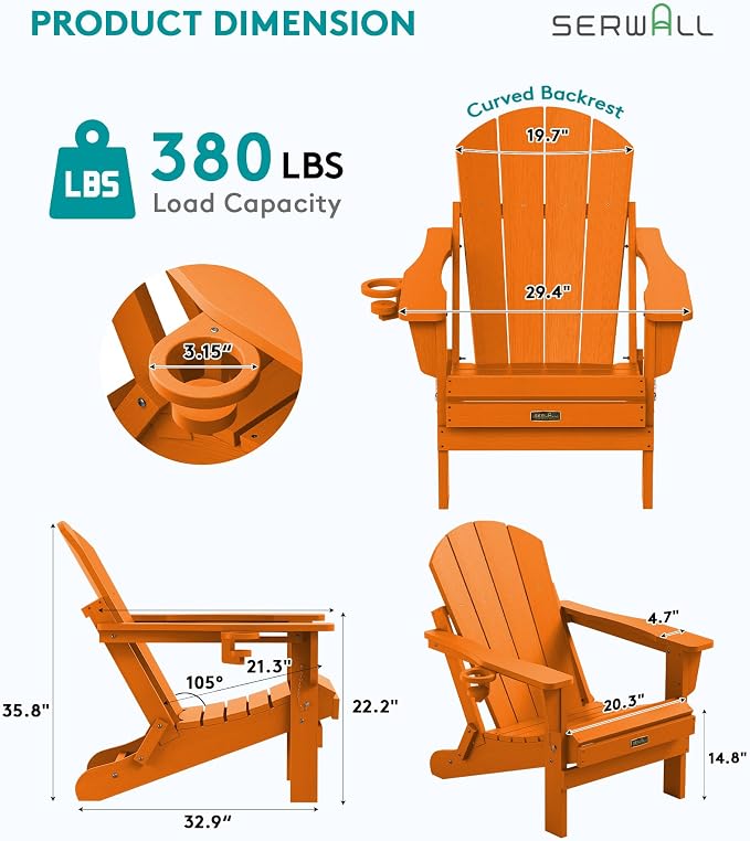 SERWALL Adirondack Chair for Patio Garden Outdoors Heavy All-Weather Fire Pit Chairs - Orange - Image 3