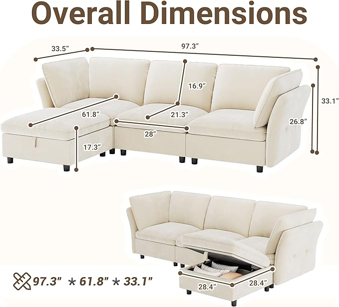 IDEALHOUSE 97" Modular Sectional Sofa, L-Shaped Modular Couch with Storage, 4-Seater Comfy Cloud Couch with Movable Ottoman, Deep Seat, Modern Sectional Couches for Living Room Bedroom, Beige