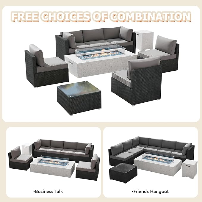 8 Piece Patio Furniture Set - Outdoor Conversation Sets with 56" Fire Table and Coffee Table, Rattan Modular Sofa Set for Garden/Poolside, Grey/Black