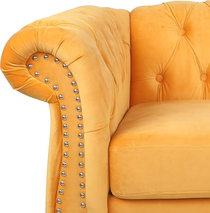 LEVNARY Velvet Chesterfield Sofa, Classic Tufted Upholstered Couch, Modern 3 Seater Couch Long Settee Furniture with Tufted Back for Living Room Office (Yellow)
