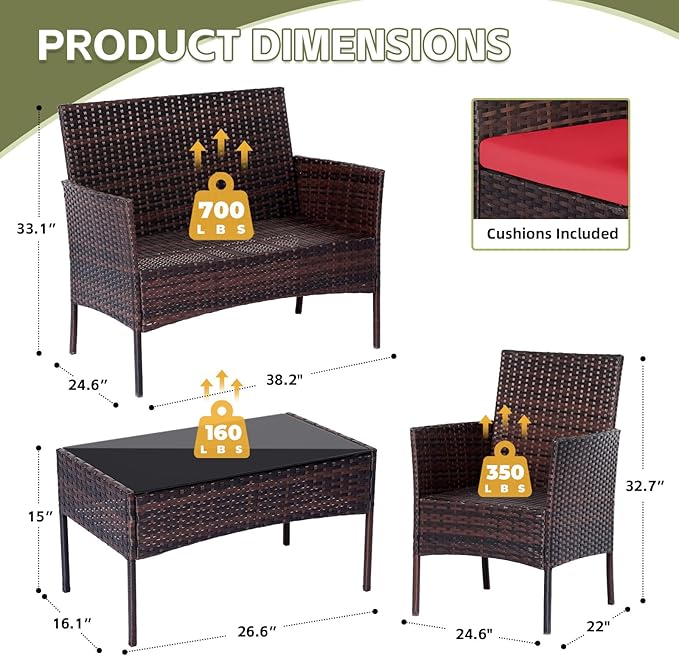 Patio Furniture Set 4 Pieces, Outdoor Rattan Furniture with Tempered Glass Coffee Table, Modern Rattan Patio Chairs Conversation Sets with Sofa for Garden, Terrace, Porch, Lawns Brown/Red