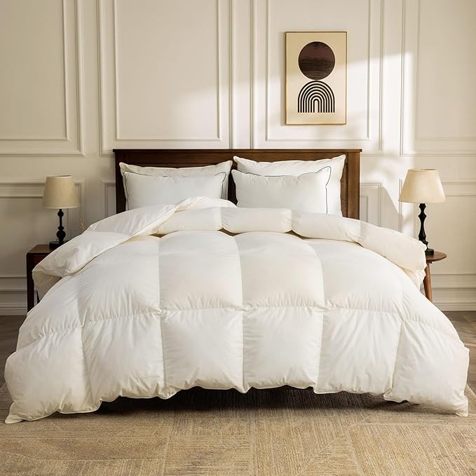 BPC Heavyweight Organic Feather Down Comforter California King, Hotel-Luxury Extra Fluffy Duvet Insert with Cotton Cover and Puffy Feather Down Filling for Winter, Ivory White, 104x96 Inches