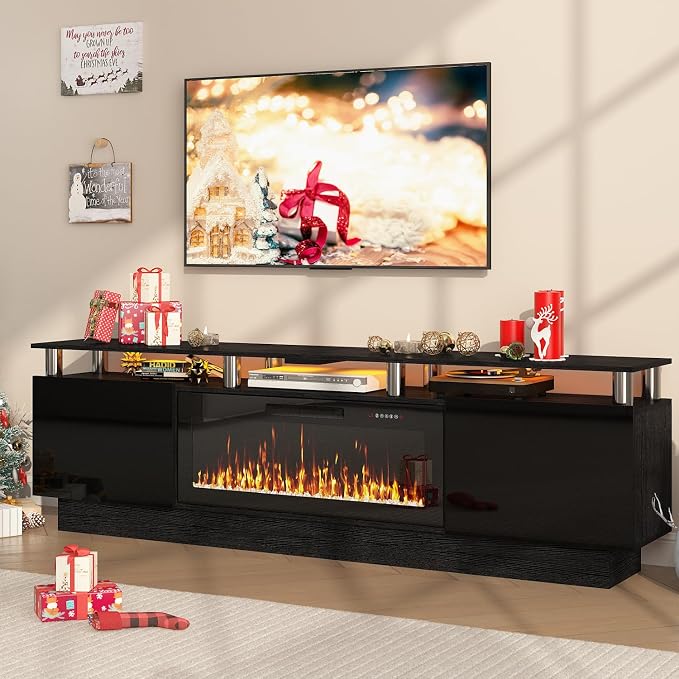 PUKAMI 80" Fireplace TV Stand with 36" Electric Fireplace, LED Light Entertainment Center with Storage, 2 Tier Modern Wood Media TV Console with Highlight Cabinet for Living Room, Black - Image 7