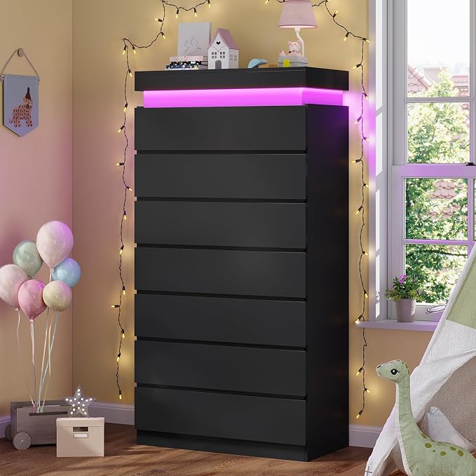HAUOMS Tall 7 Drawer Dresser with LED Light, Black Modern Chest of Drawers for Bedroom,Closet Dressers with Drawers for Living Room, Entryway, Hallway by HAUOMS