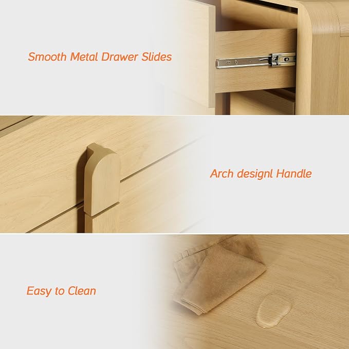 WAMPAT Large 3 Drawer Nightstand, 31.5" Tall Wooden Bedside Table with Curved Design, Modern Oak Nightstand with Storage, Wider Side Table End Table for Bedroom - Image 8