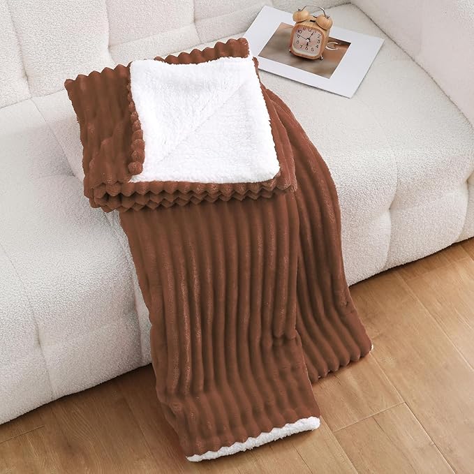 Chocolate Sherpa Fleece Throw Blanket 60”×80” for Couch Sofa Bed,Super Soft Cozy Plush Double Side Thick Flannel Blanket with Striped Design Lightweight for Adults,Woman,Girls