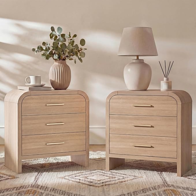 Farmhouse Nightstand Set of 2, 23.5" Curved Modern Night Stand with 3-Drawer, Bedside Table, End Table for Bedroom, Storage Cabinet Furniture, Oak by TheBeautyofRusticRefined