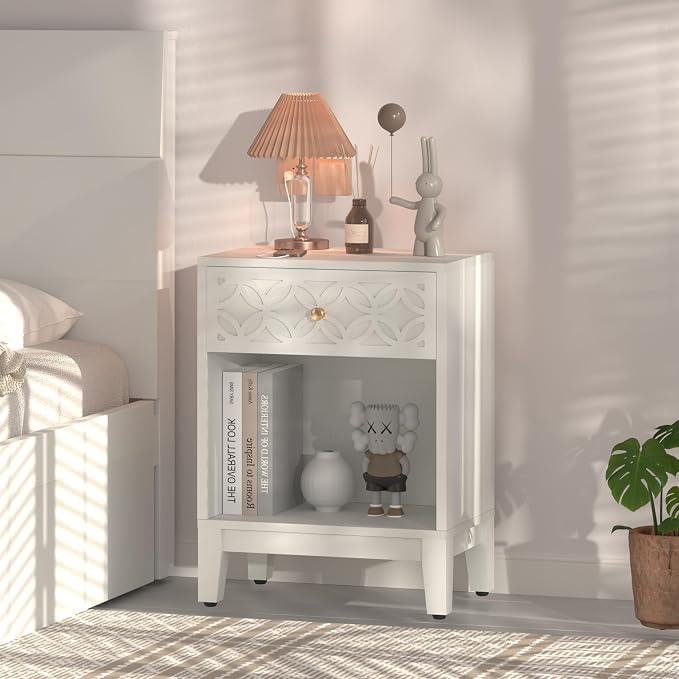 White Nightstand with Drawer and Open Shelf, 17.7 W Modern Bed Side Table for Bedroom, Small End Table for Small Spaces, Compact Side Table for Living Room, Easy Assembly - Image 3