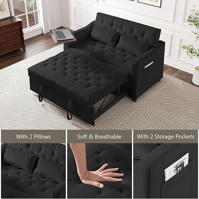 3-in-1 Convertible Loveseat Sleeper Sofa Bed with Adjustable Backrest (3 Positions) and 360° Swivel Side Table, Pull-Out Couch for Small Apartments & Guest Rooms, Jet Black